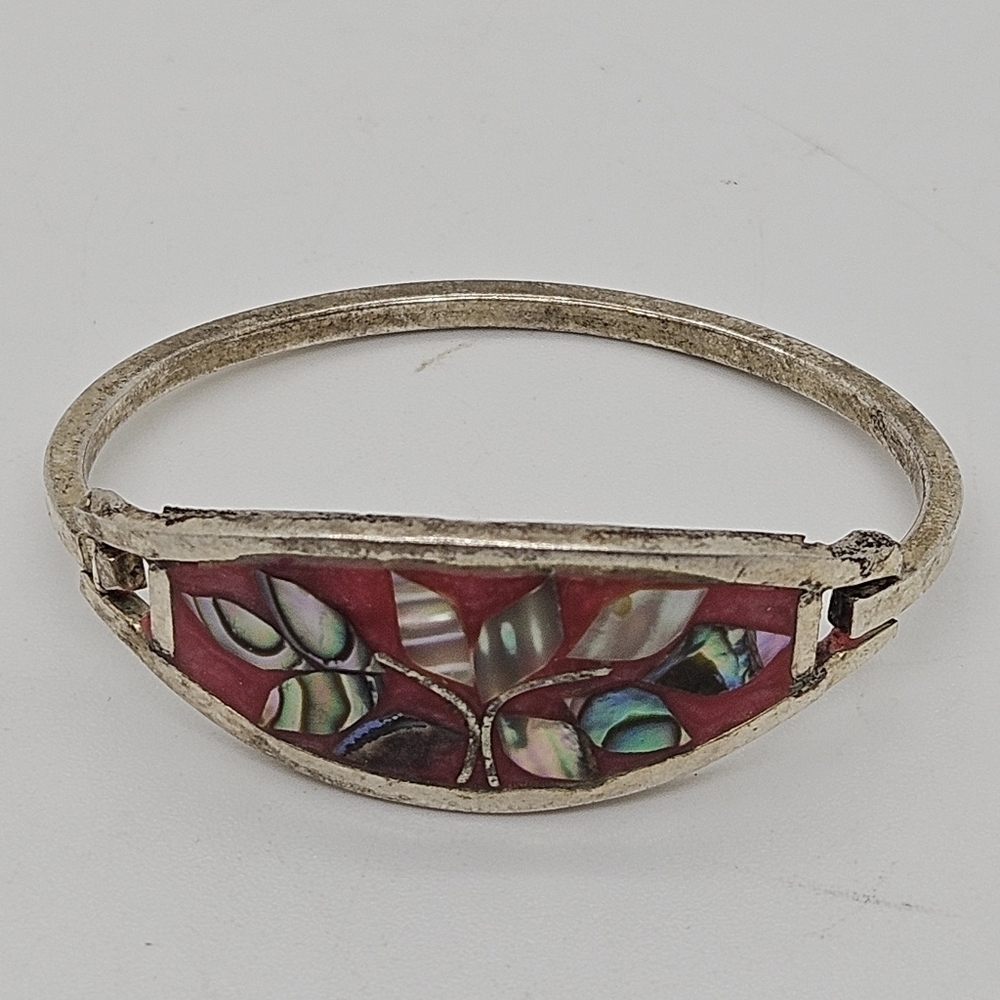 child size leafy inlay bracelet with red enamel background alpaca Mexico